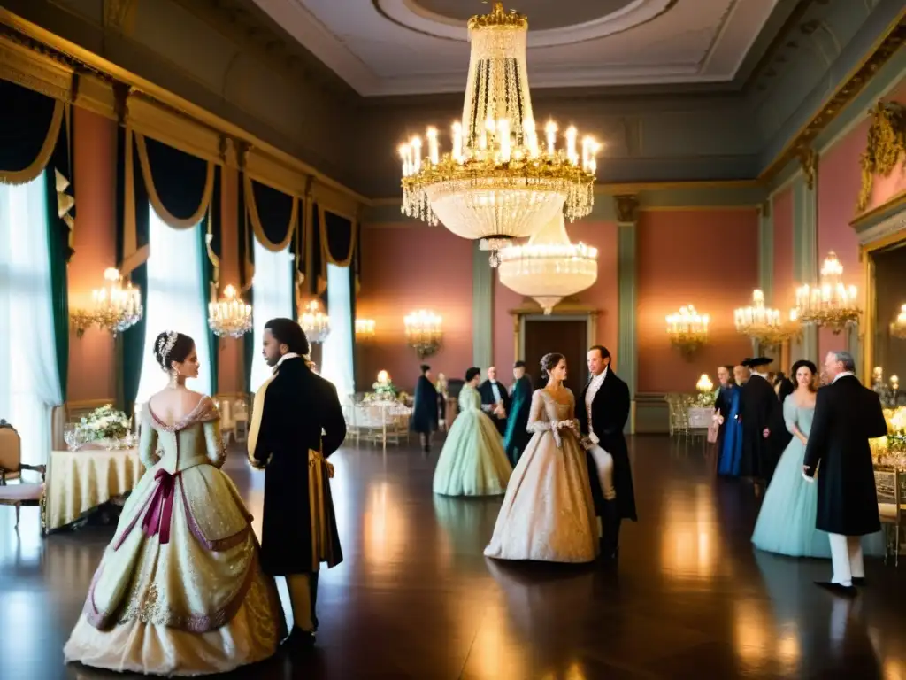 Baile de máscaras en un suntuoso salón del siglo XVIII, impacto cultural de la moda de la época con opulencia y elegancia