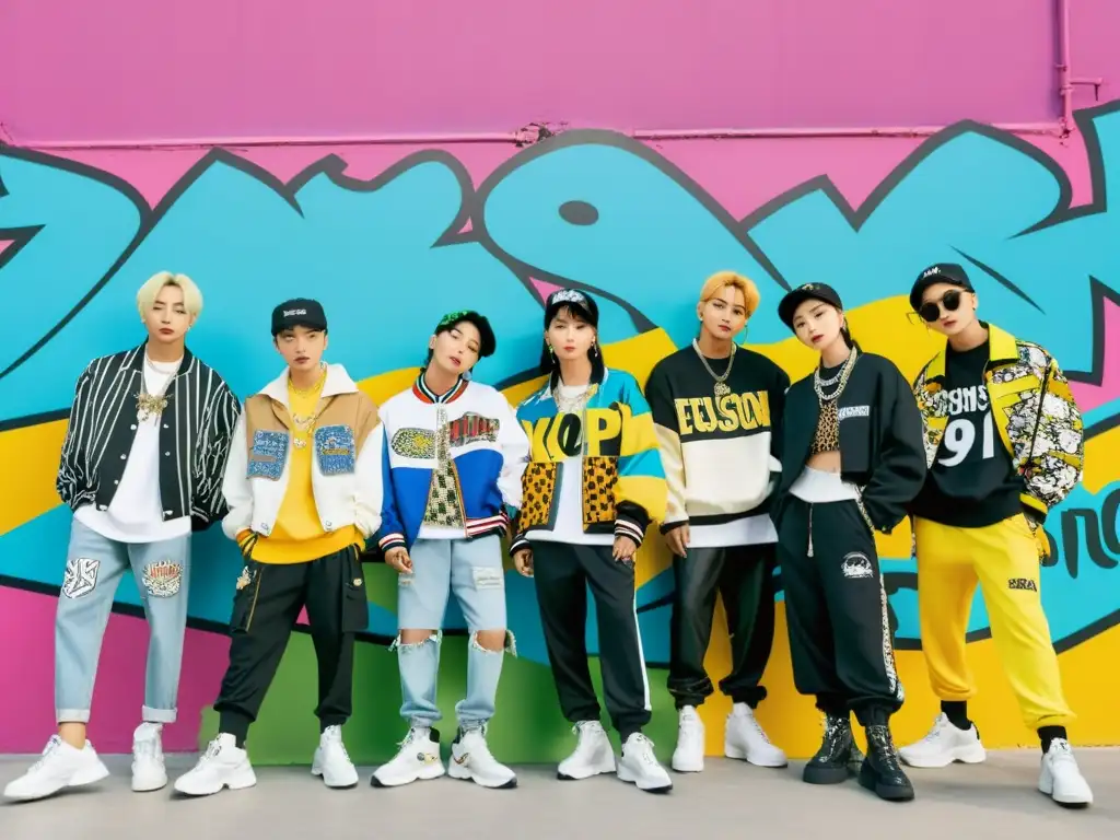 Una banda de ídolos de KPop posa frente a un muro graffiteado con estilo urbano y alta moda, mostrando la influencia del KPop en la moda global