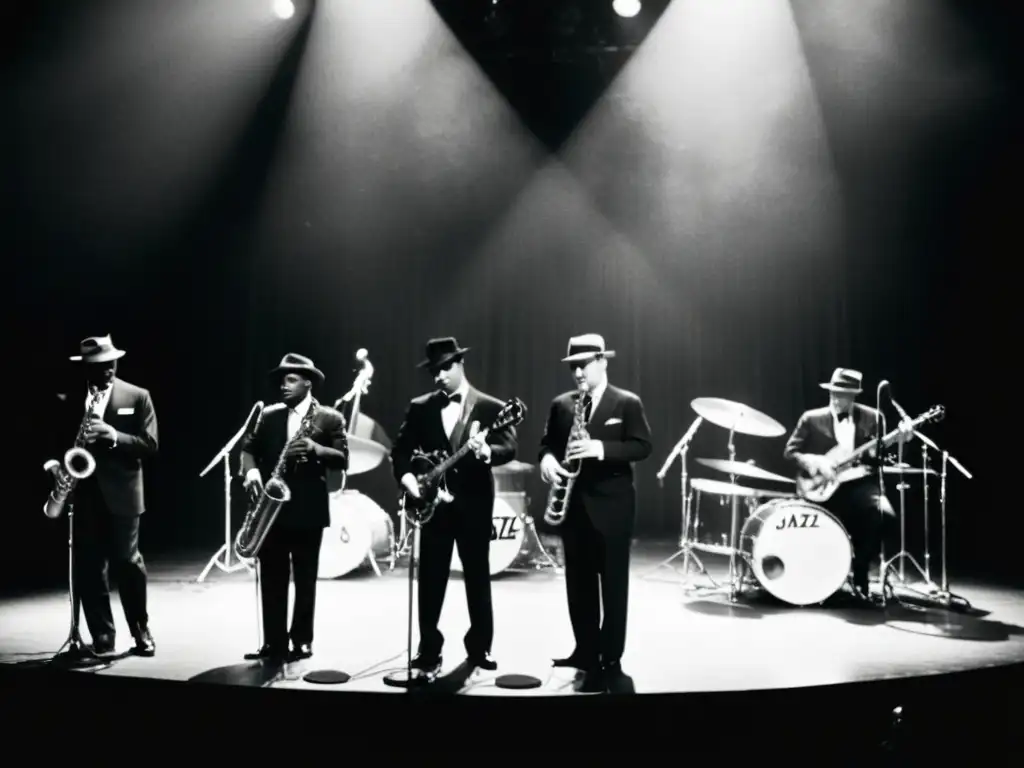 Una banda de jazz elegante y sofisticada en el escenario de los años 20, capturando la esencia de la indumentaria elegante en la era del jazz