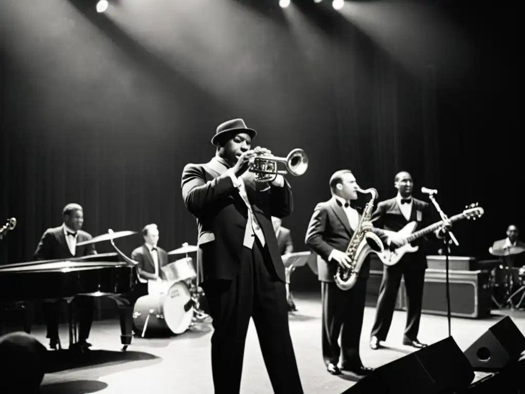 Una banda de jazz con indumentaria elegante en la era del jazz, tocando apasionadamente en el escenario