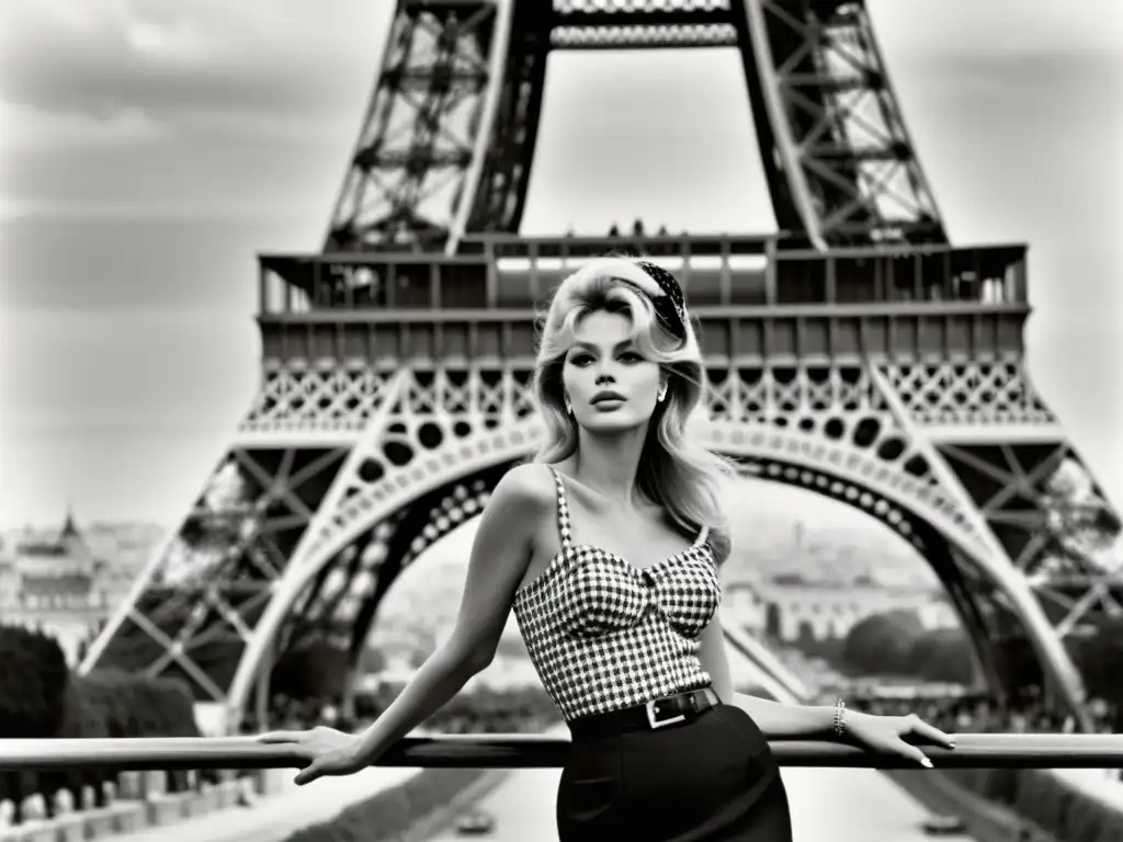 Brigitte Bardot frente a la Torre Eiffel, reflejando el impacto del cine francés en moda con elegancia atemporal