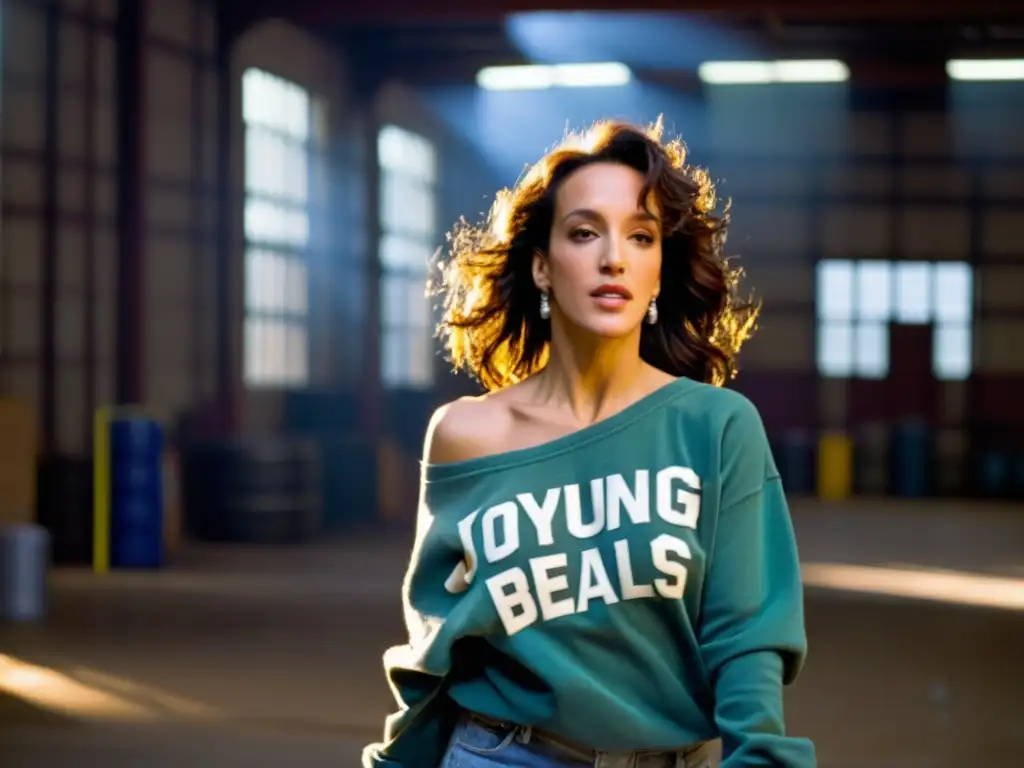 Jennifer Beals baila apasionadamente en un almacén oscuro, capturando el impacto de Flashdance en moda de los 80