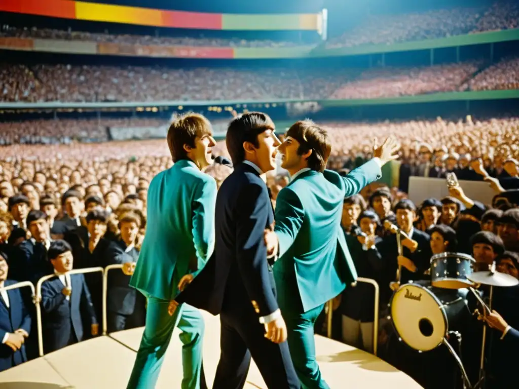 Los Beatles en concierto, rodeados de fans emocionados, vistiendo trajes mod, capturando el impacto cultural de los años 60