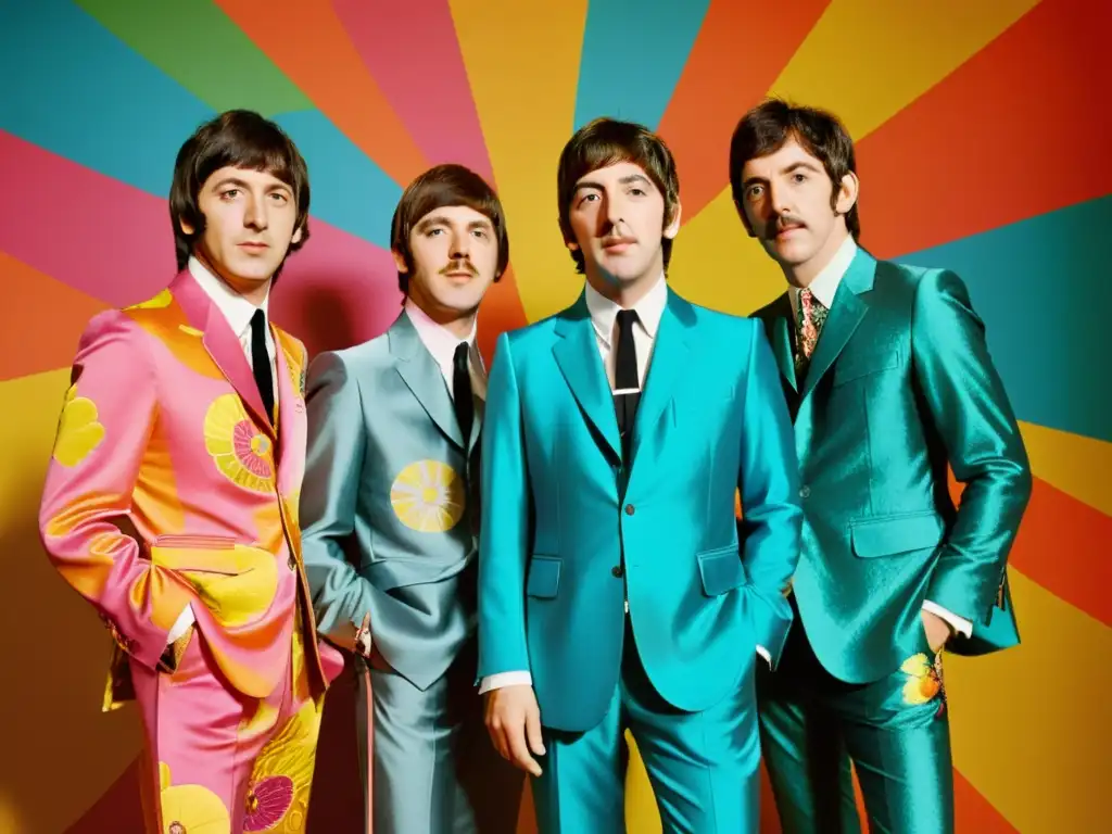 Los Beatles lucen trajes vibrantes y psicodélicos, mostrando una moda masculina influenciada por los Beatles