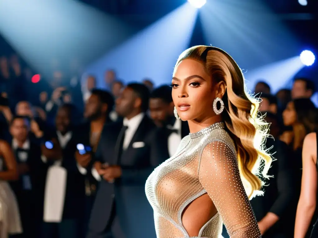 Beyoncé deslumbra en pasarela, rodeada de fans y fotógrafos, reflejando la evolución del estilo de Beyoncé en la industria de la moda