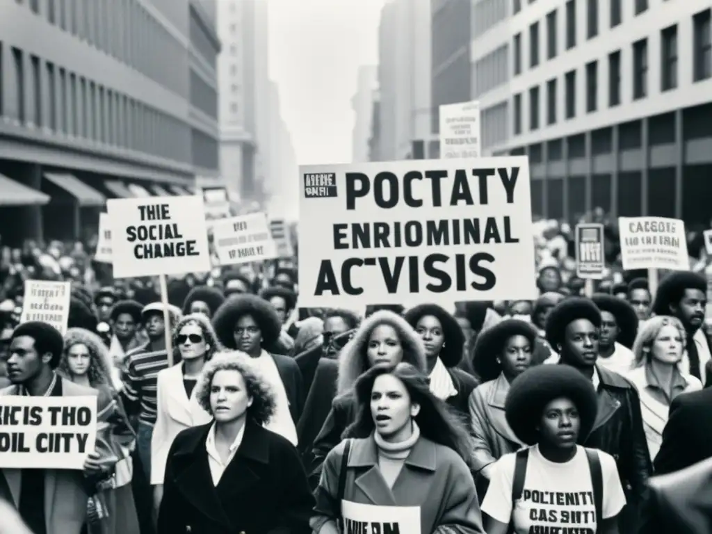 Manifestación en blanco y negro de los 80, con consignas políticas