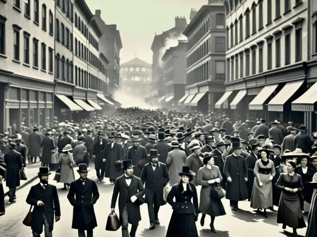 Una fotografía en blanco y negro muestra la agitada vida urbana de finales del siglo XIX, con una mezcla de vestimenta tradicional e industrial