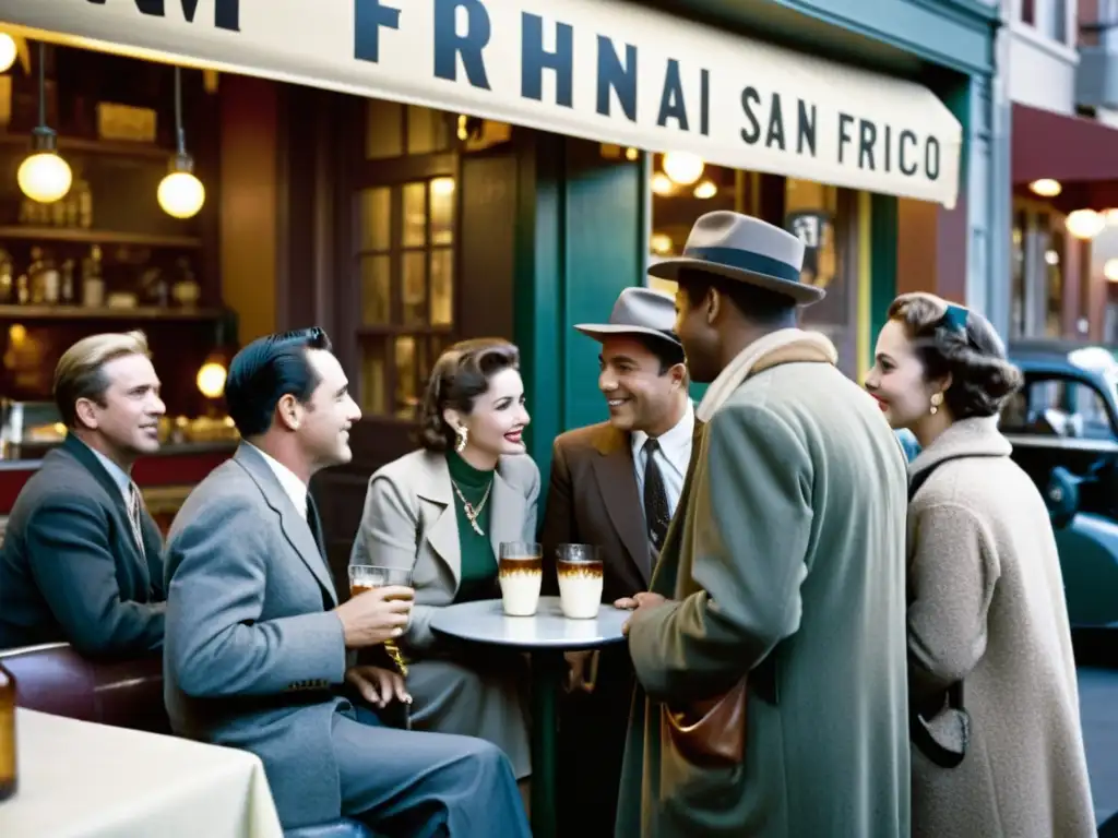 Fotografía en blanco y negro de San Francisco en los años 50, con escritores Beat conversando fuera de un café