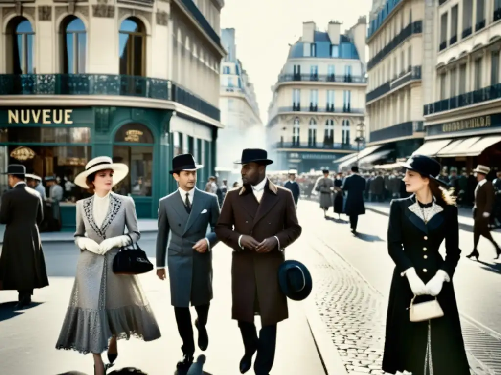 Una fotografía en blanco y negro de una bulliciosa calle parisina de principios de 1900, mostrando elegantes hombres y mujeres paseando junto a edificios de estilo art nouveau