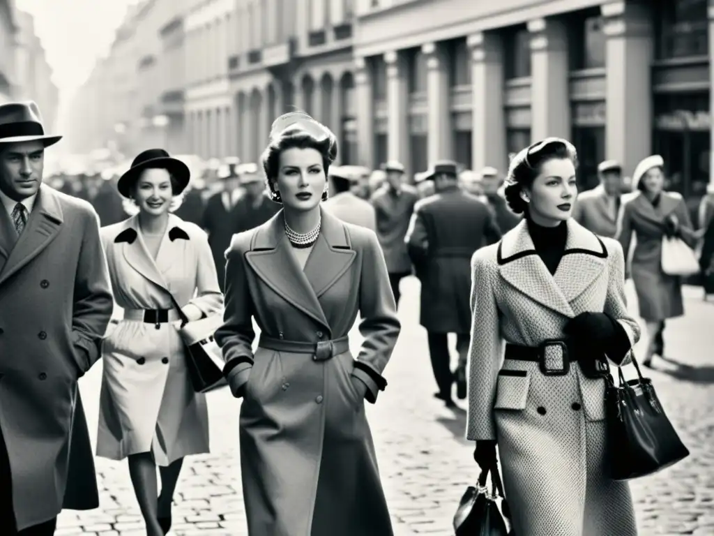 Una fotografía en blanco y negro de una bulliciosa calle de la ciudad en Europa de la posguerra, mostrando la moda de la democratización postguerra