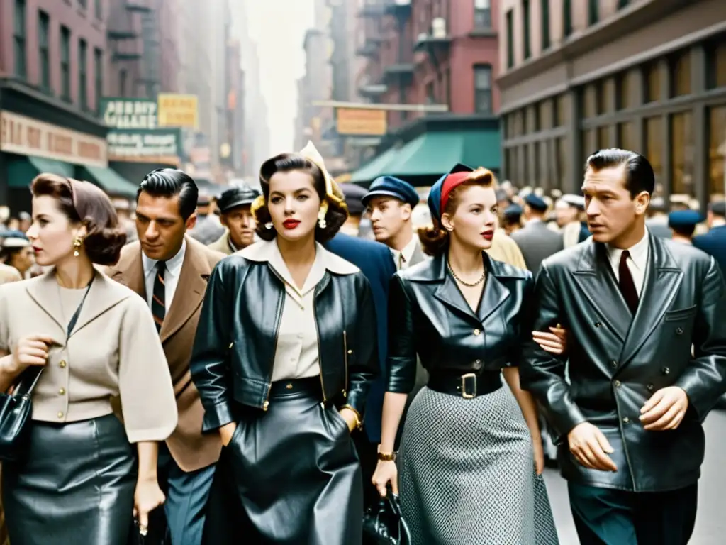 Una fotografía en blanco y negro de una concurrida calle de Nueva York en los años 50, capturando la moda ecléctica de la Generación Beat