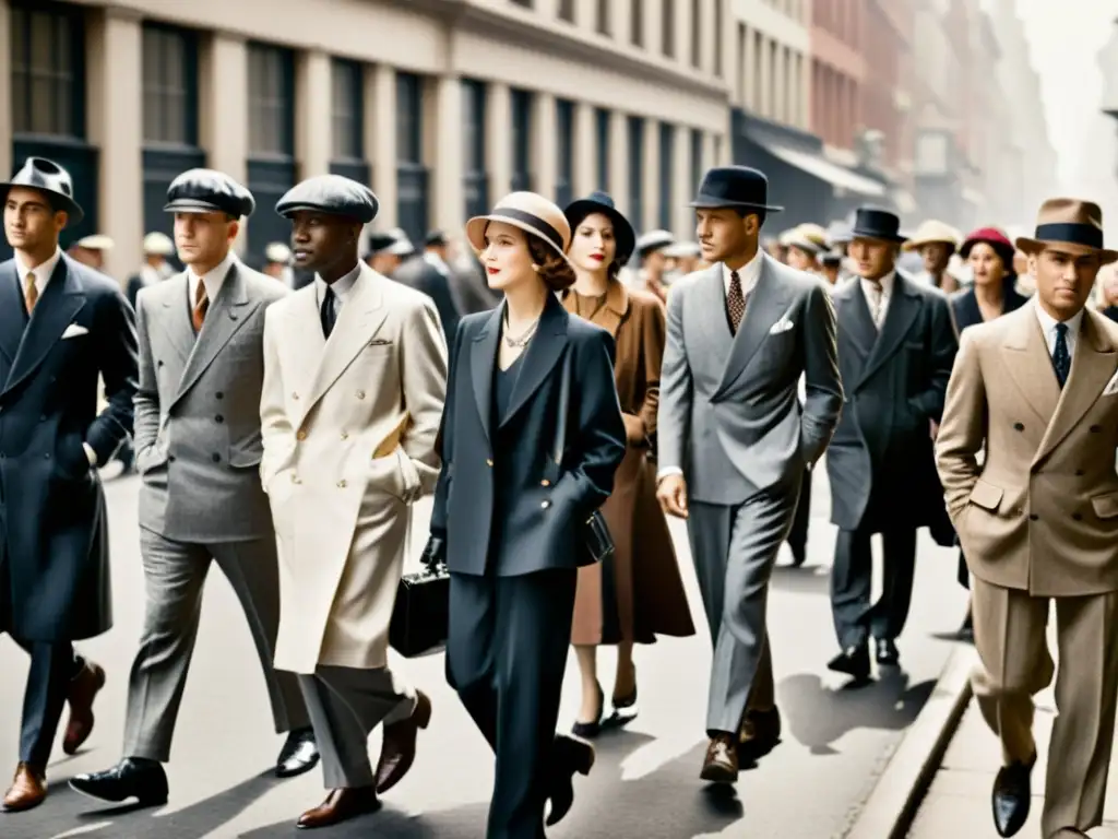 Una fotografía en blanco y negro de una concurrida calle de la ciudad de los años 20, destacando la moda unisex en la historia de la moda