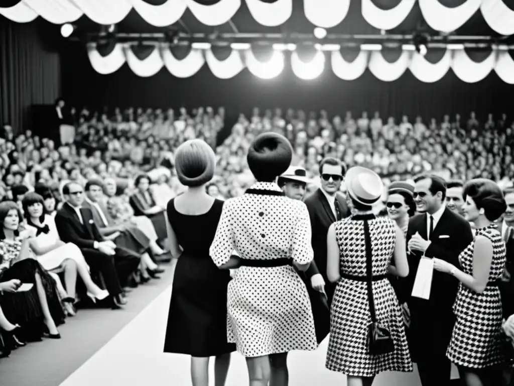 Una fotografía en blanco y negro de un concurrido desfile de moda de los años 60