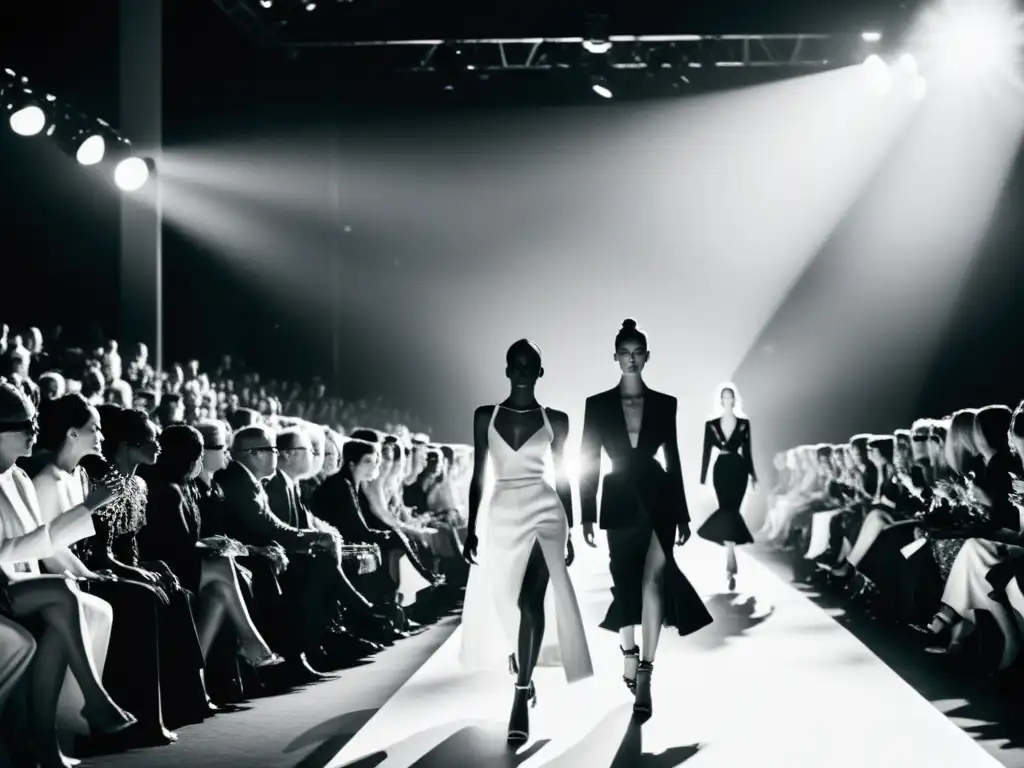 Una fotografía en blanco y negro de un desfile de moda bullicioso, capturando la energía y emoción del evento