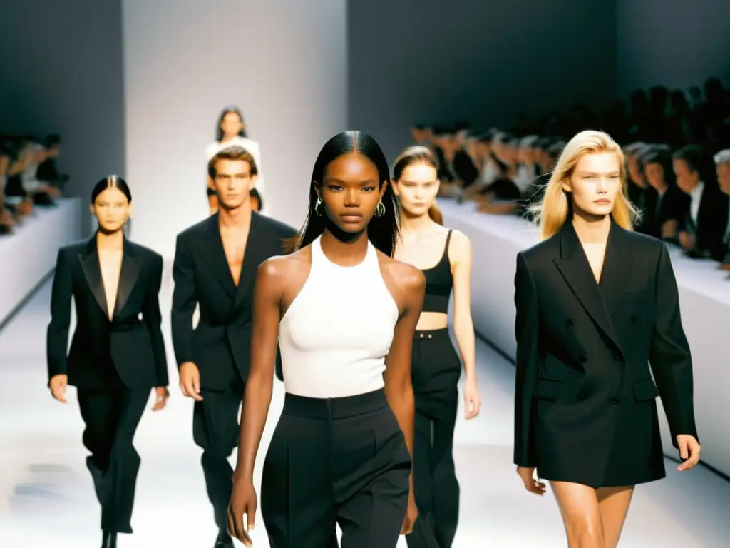 Una fotografía en blanco y negro de un desfile de moda de Calvin Klein de los años 90, con diseños minimalistas