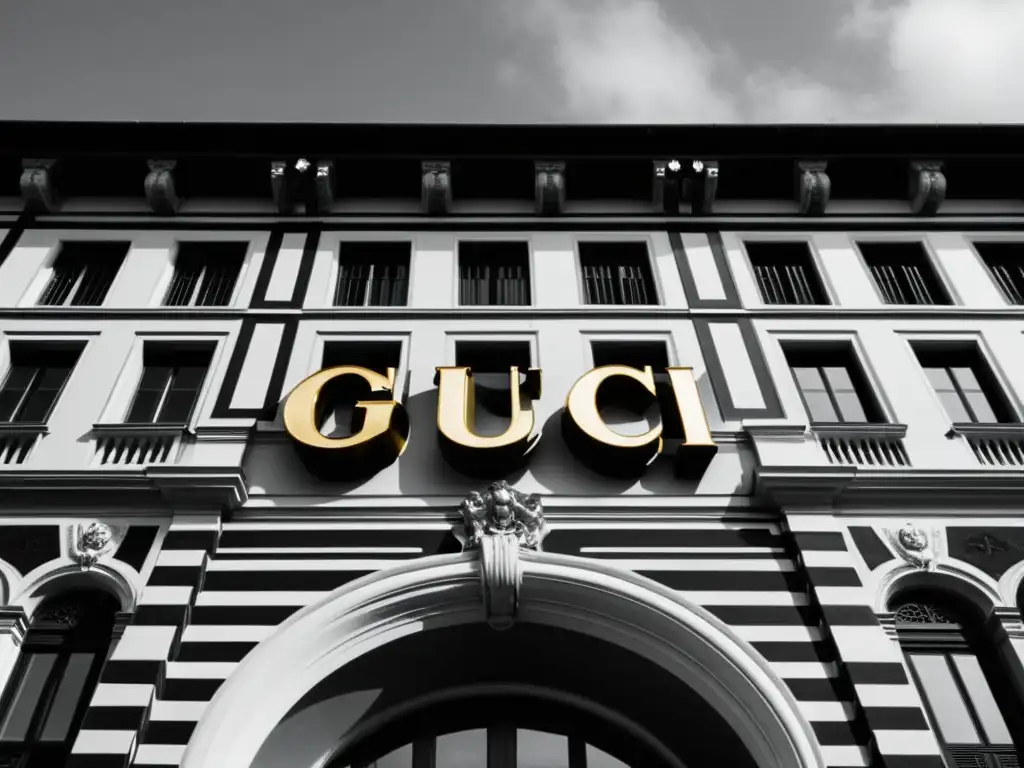 Una fotografía en blanco y negro de la fachada de la histórica sede de Gucci en Florencia, Italia, capturando su elegancia atemporal y rica herencia