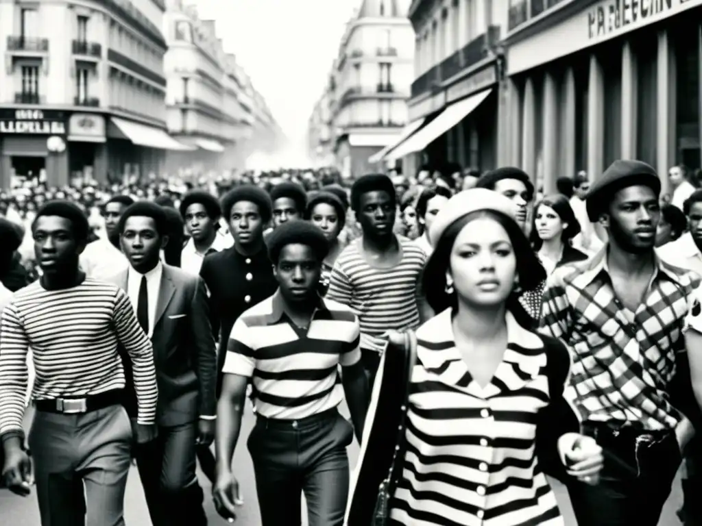 Una fotografía en blanco y negro de jóvenes marchando en las calles de París durante las protestas de Mayo del 68