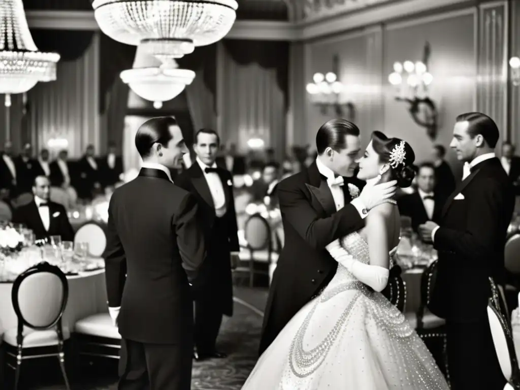 Una fotografía en blanco y negro de un lujoso salón de baile de principios del siglo XX, con hombres y mujeres elegantemente vestidos con diamantes y perlas