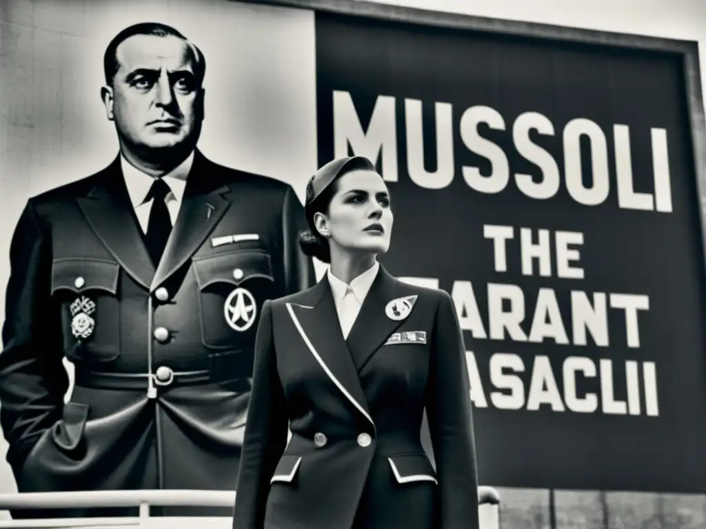 Una fotografía en blanco y negro muestra a una mujer en traje fascista frente a un póster de Mussolini