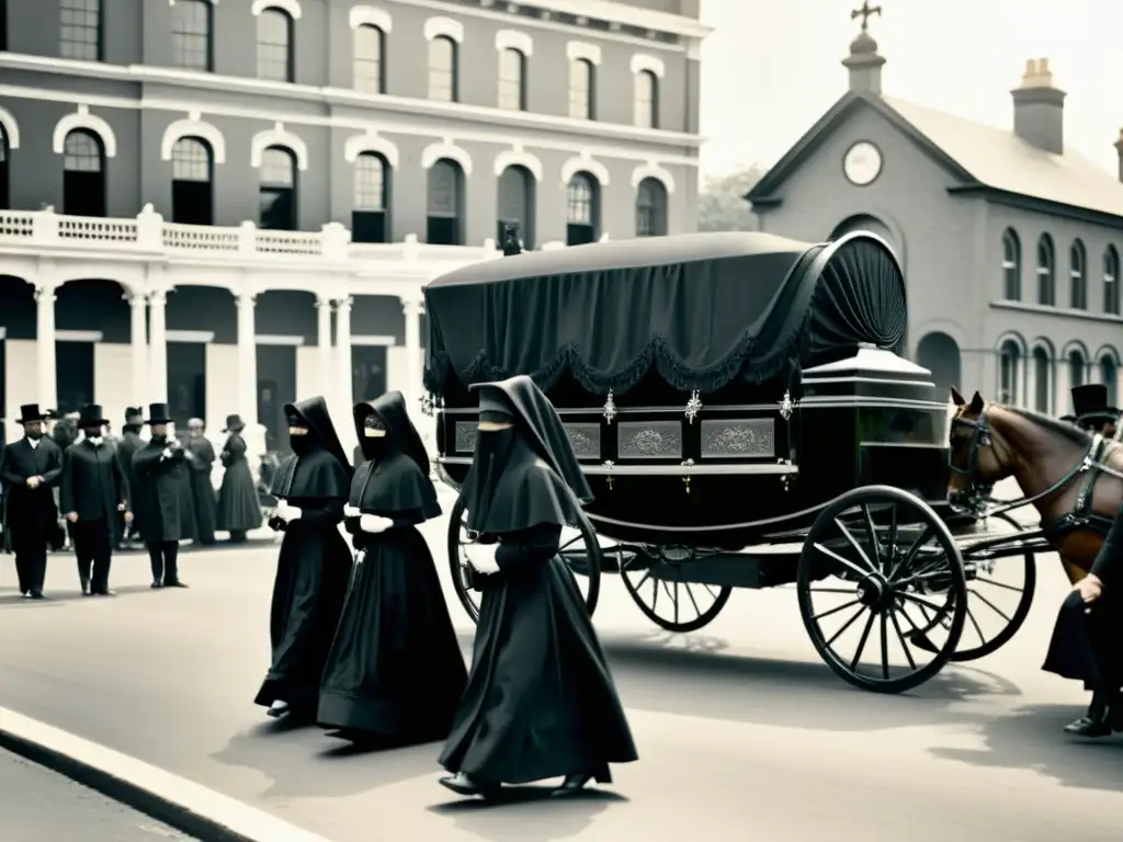 Una procesión fúnebre victoriana en blanco y negro, capturando la solemnidad y la moda y rituales de luto en el siglo XIX