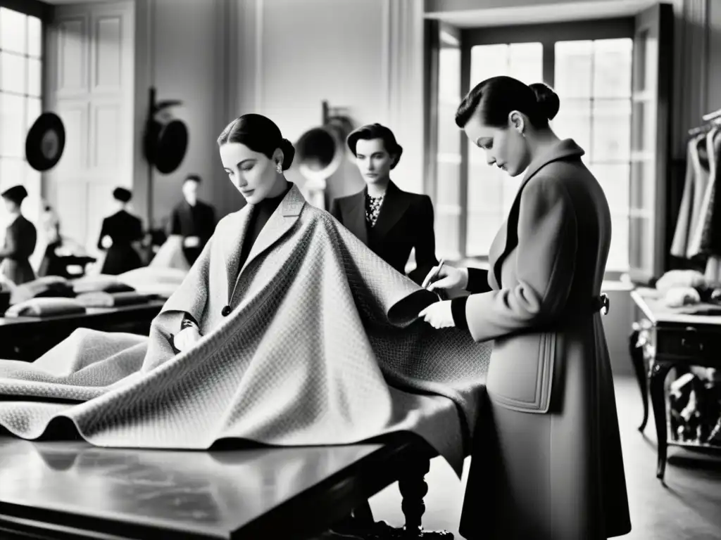 Una fotografía en blanco y negro de Christian Dior en su taller, supervisando la creación del Nuevo Abrigo Dior, rodeado de costureras y telas lujosas