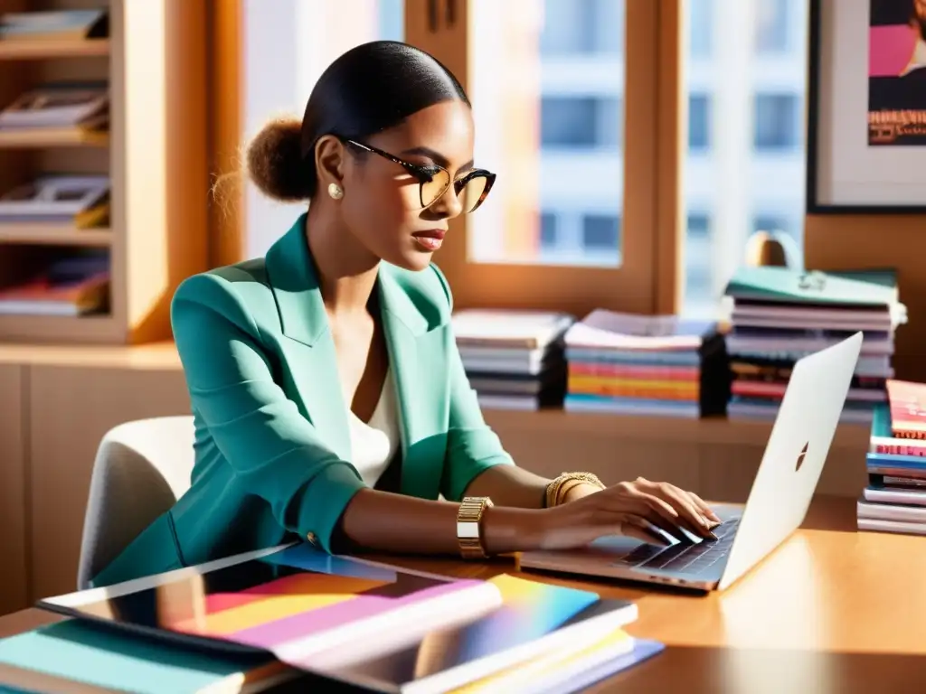 Una blogger de moda concentradamente escribe en su laptop, rodeada de revistas y cuadernos, mientras la luz del sol ilumina la escena