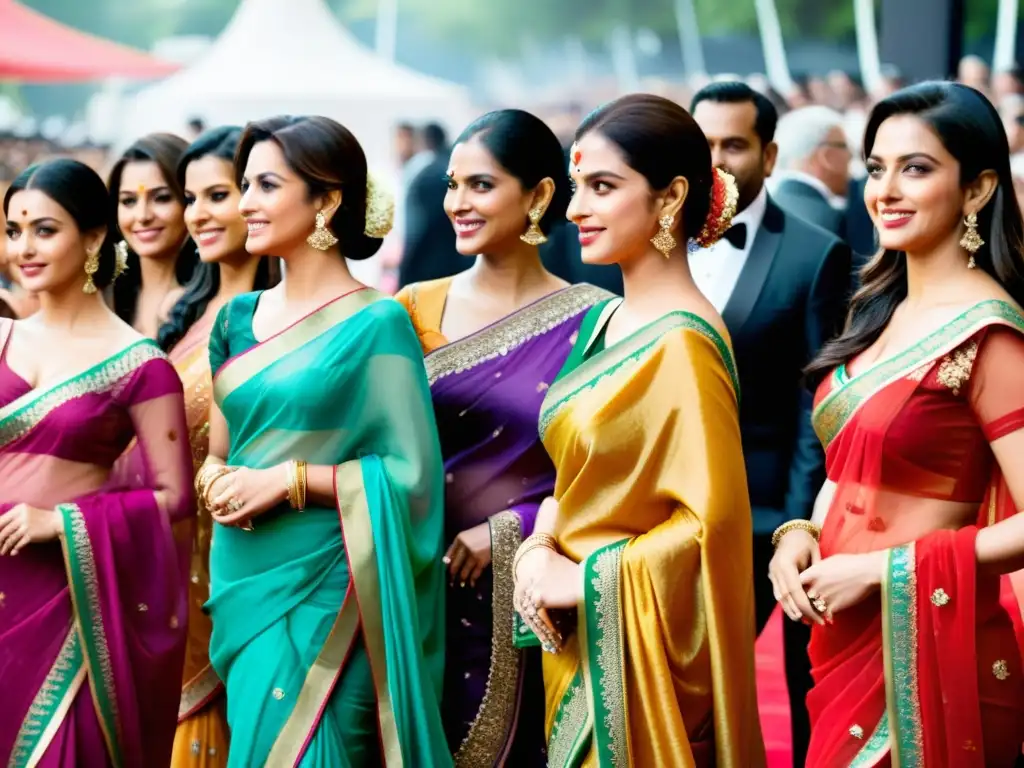 Bollywood actrices lucen saris elegantes en alfombra roja, mostrando el sari como símbolo de elegancia en el cine mundial