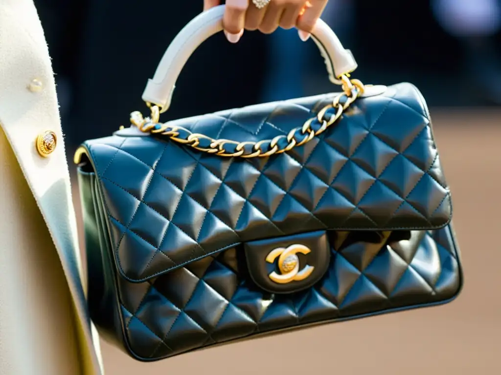 Bolso Chanel: Elegancia en Pasarela Un bolso Chanel de alta costura deslumbra en la pasarela, reflejando el impacto cultural de la alta costura con su elegancia atemporal