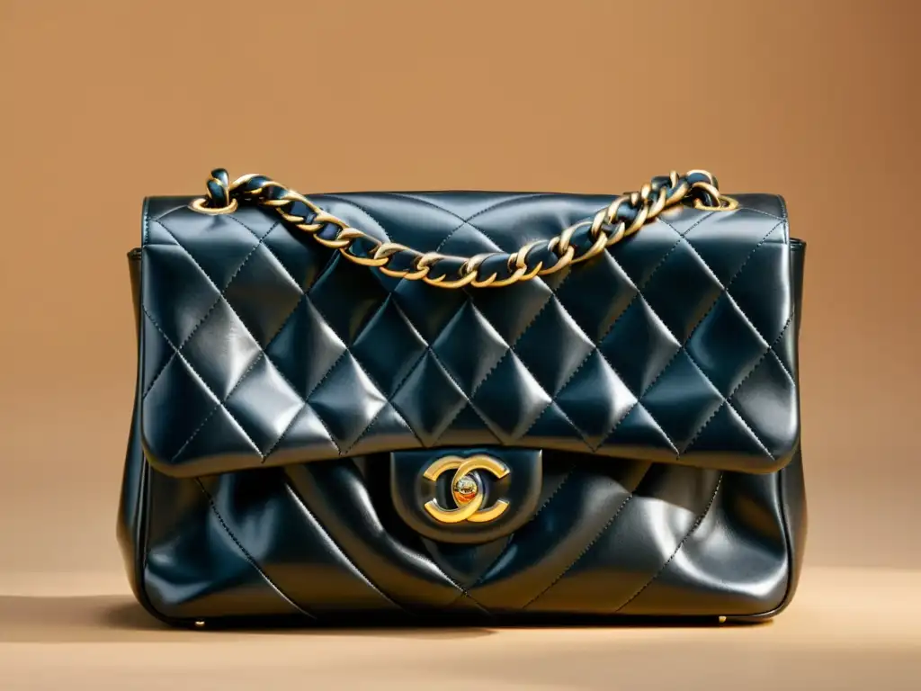 Un bolso Chanel vintage de cuero negro, con el icónico logo CC, iluminado y elegante