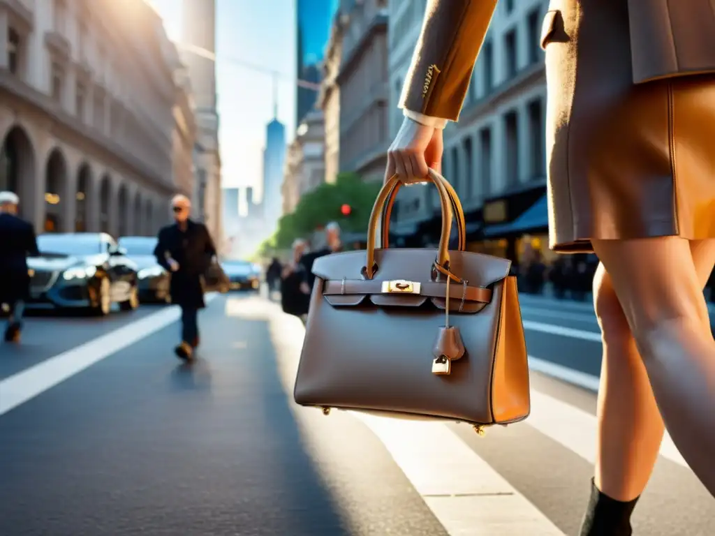 Un bolso de diseñador de lujo en una bulliciosa calle urbana, reflejando estrategias de marcas de lujo accesible