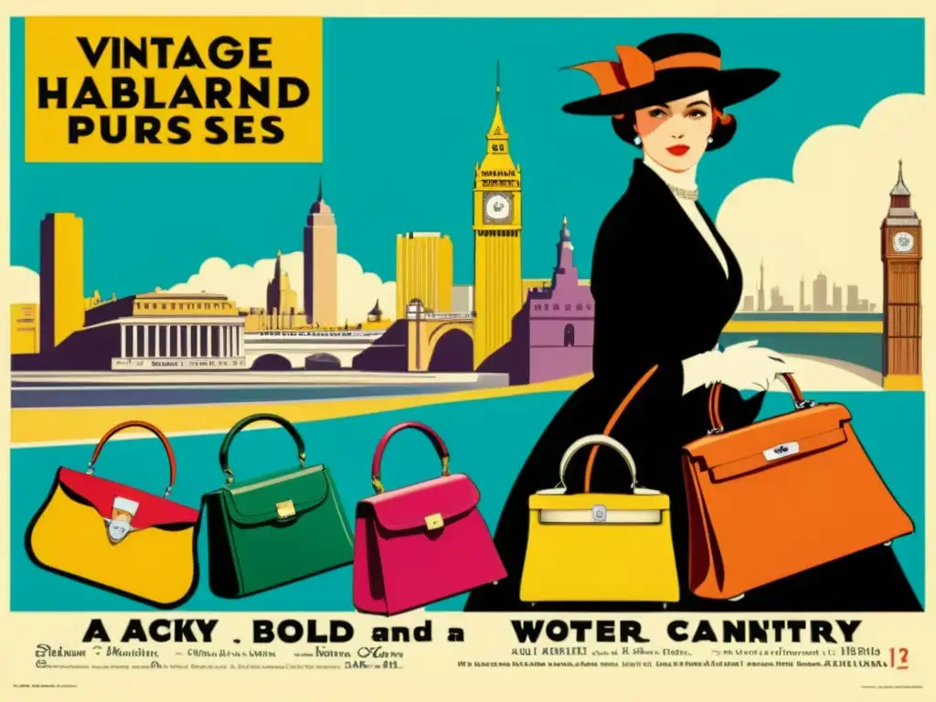 Evolución histórica de bolsos y carteras: Anuncio vintage del siglo XX con elegantes bolsos y carteras en colores vibrantes y escenas urbanas