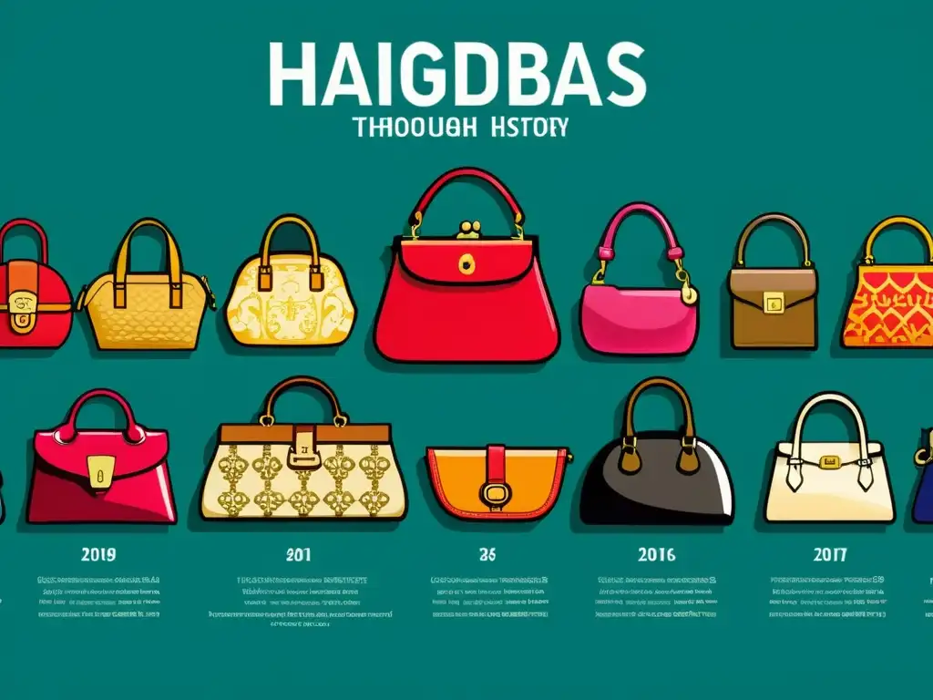 Evolución de bolsos a lo largo de la historia: una colorida línea de tiempo ilustrada muestra el desarrollo de los bolsos a lo largo de los siglos