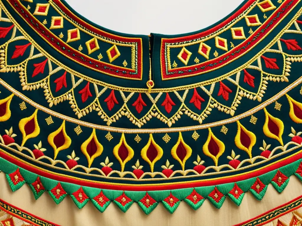 Interpretación de bordados en ropa tradicional del Medio Oriente con colores vibrantes y detalles intricados