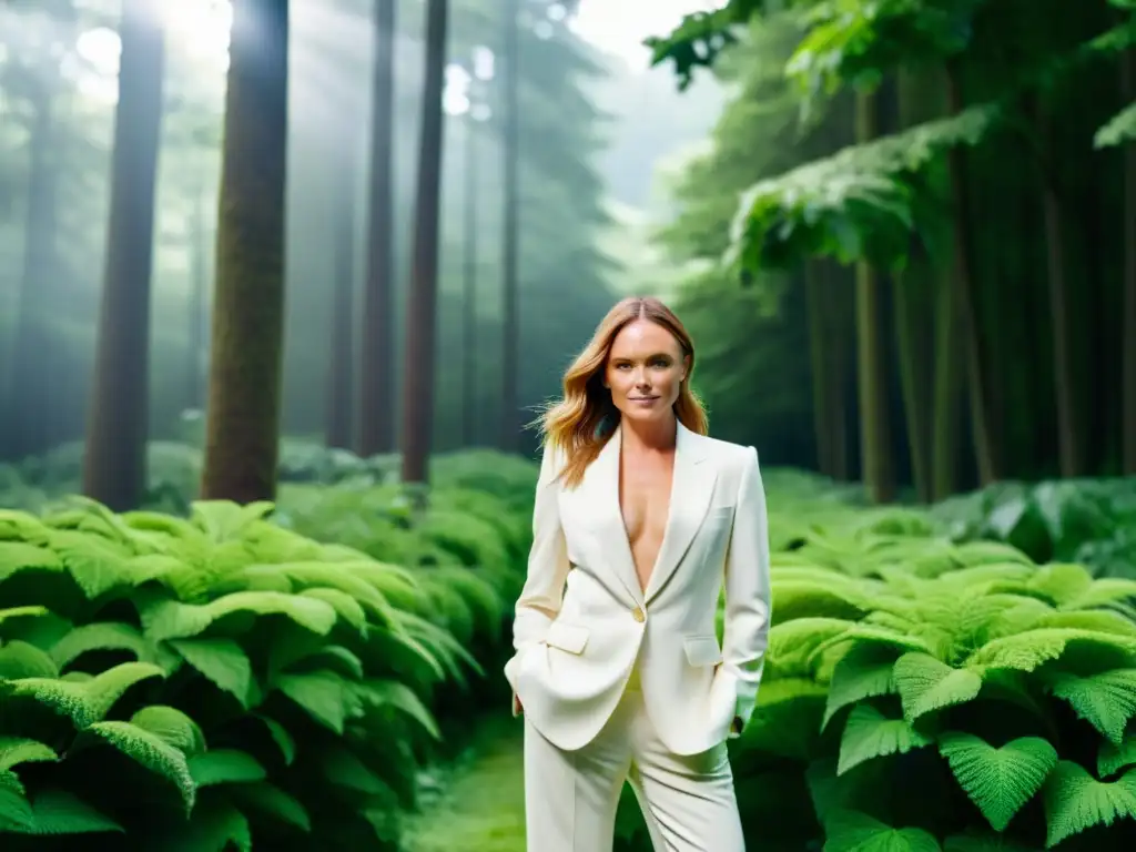 Stella McCartney en el bosque, vistiendo moda sustentable, rodeada de naturaleza, reflejando su compromiso con la moda sustentable e impacto cultural