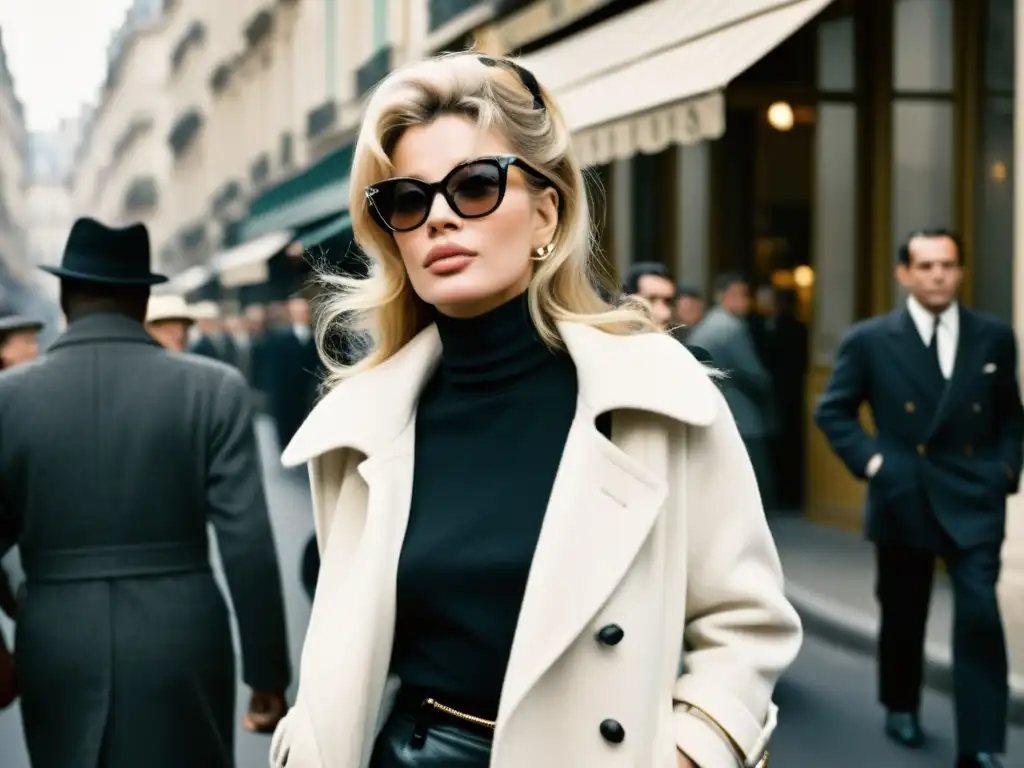 Brigitte Bardot en una bulliciosa calle parisina de los 50, derrochando estilo bombshell y elegancia atemporal