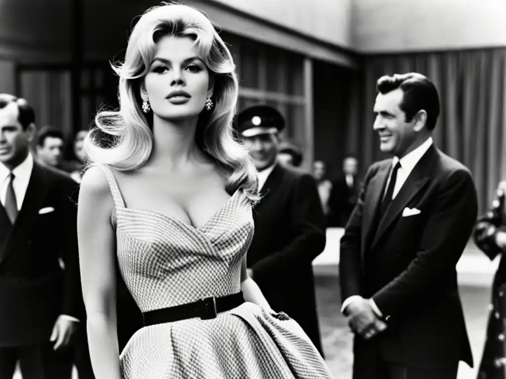 Brigitte Bardot exuda estilo bombshell mientras posa en un set de filmación, evocando el glamour del cine clásico