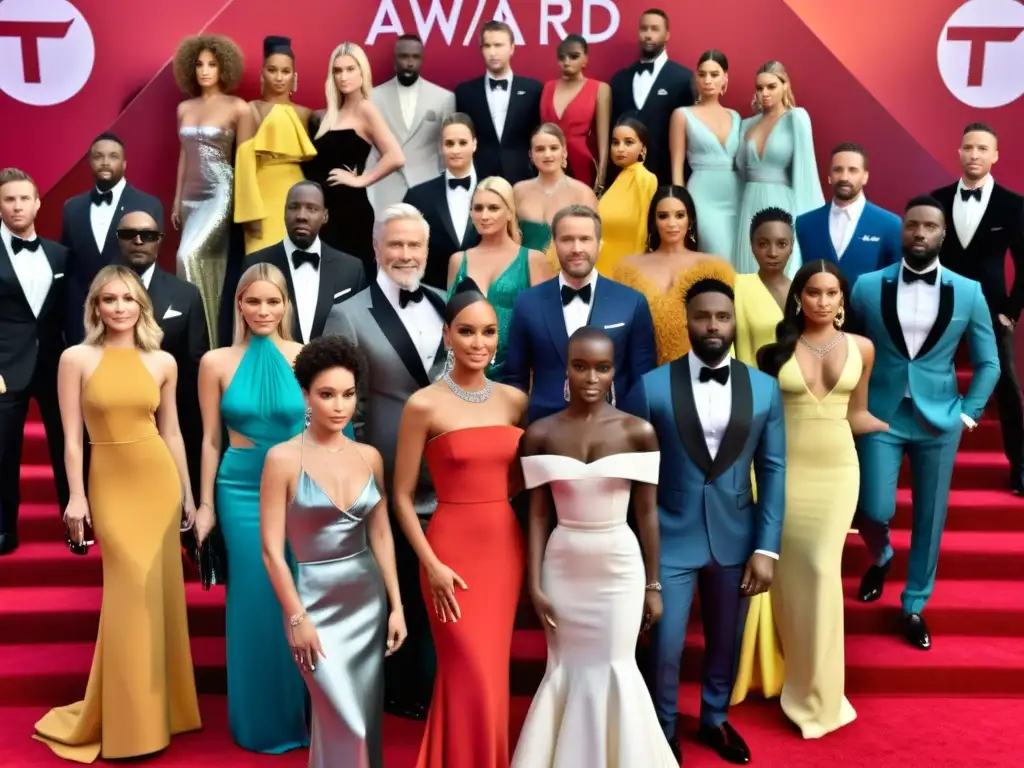 Una bulliciosa alfombra roja en una ceremonia de premios televisivos, exhibiendo las últimas tendencias de moda