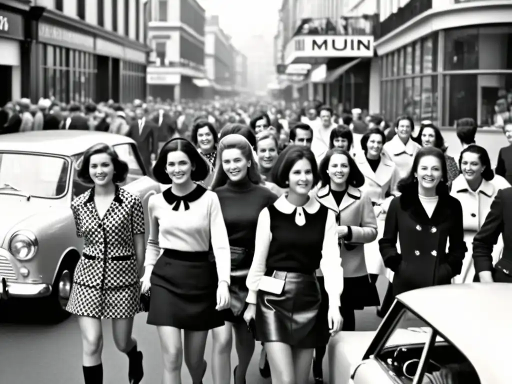 Una bulliciosa calle de los años 60 muestra la Revolución de la Mini Mary Quant, con mujeres luciendo con confianza los icónicos diseños en mini falda