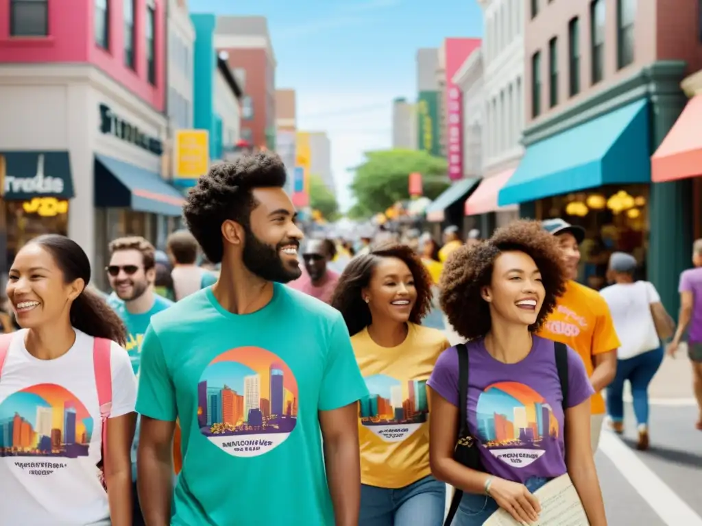 Una bulliciosa calle de ciudad con diversidad de estilos de camisetas de Threadless, reflejando la plataforma de moda crowdsourcing impacto cultural