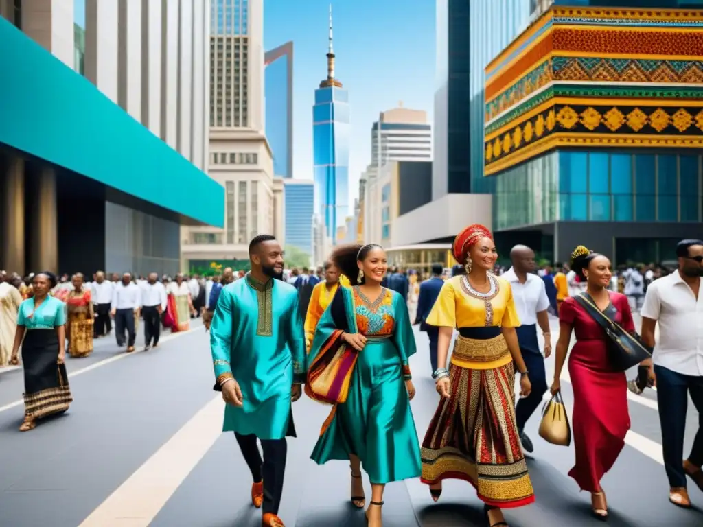 Una bulliciosa calle de la ciudad, llena de personas de diversas culturas, vistiendo trajes tradicionales que representan su herencia