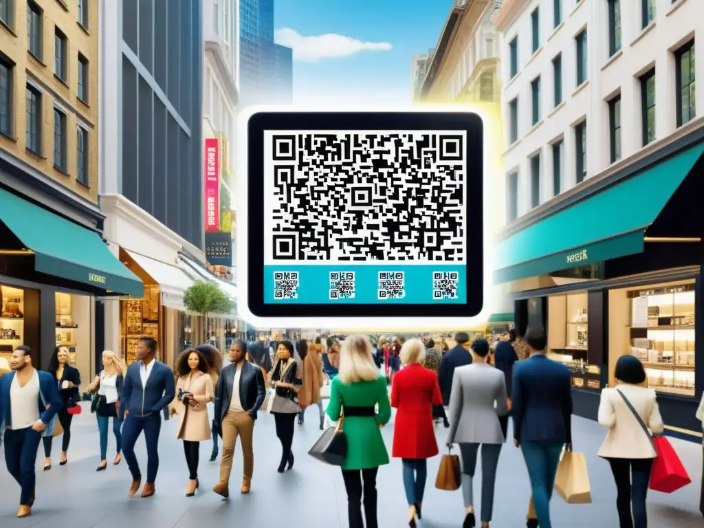 Moda y Tecnología: Integración Multicanal en la Ciudad Una bulliciosa calle de la ciudad llena de boutiques de moda y estrategias ecommerce moda multicanal en acción