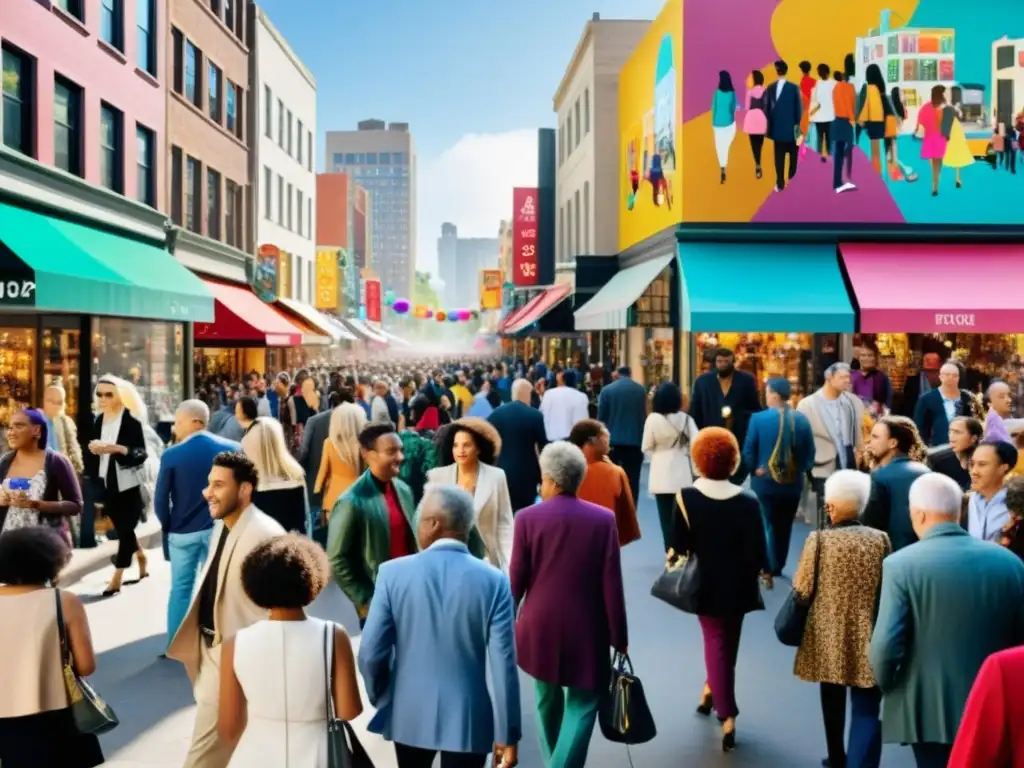 Una bulliciosa calle de la ciudad llena de gente de diversas edades y etnias, mostrando tendencias de moda y su impacto en la expresión y el impacto psicológico