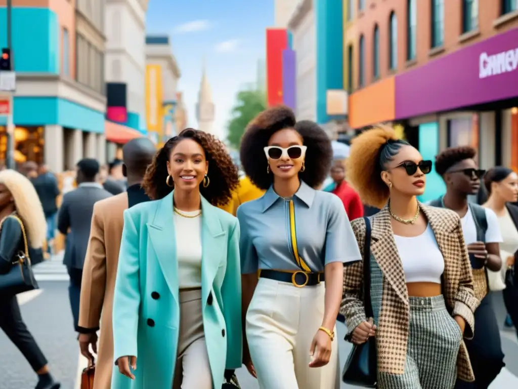 Una bulliciosa calle de la ciudad con moda unisex, reflejando inclusividad y la popularización de la moda unisex