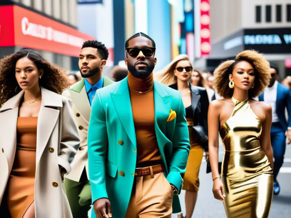 Una bulliciosa calle de la ciudad durante la Semana de la Moda, con una diversidad de estilos que expresan la identidad personal a través de la ropa