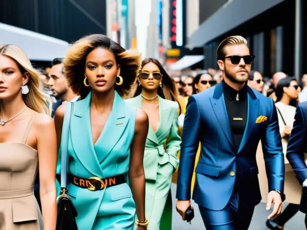 Una bulliciosa calle de la ciudad durante la Semana de la Moda, donde la multitud muestra estilos diversos y refleja el impacto cultural de la moda