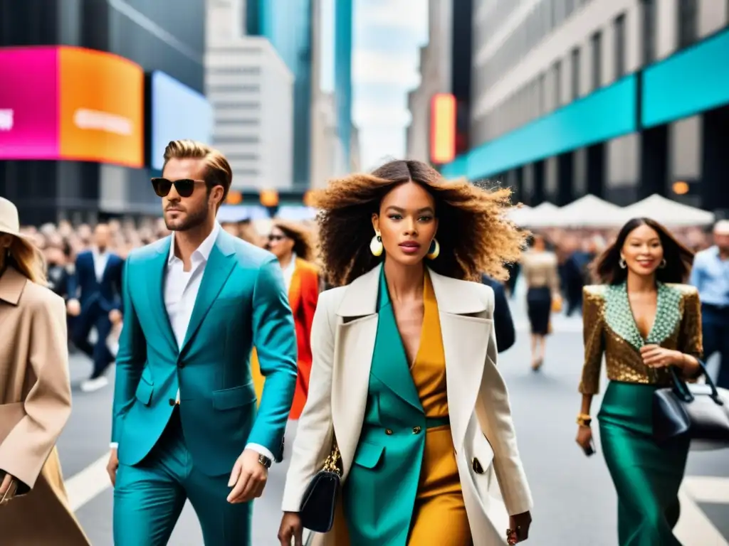 Una bulliciosa calle de la ciudad durante la semana de la moda, con gente elegantemente vestida entre imponentes edificios