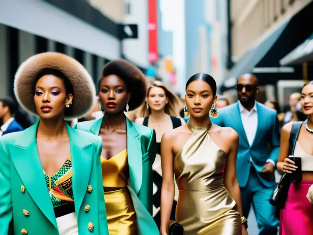 Una bulliciosa calle de la ciudad durante la semana de la moda, capturando el impacto cultural de la moda con estilos vanguardistas y tradicionales, colores vibrantes y diversidad de personas