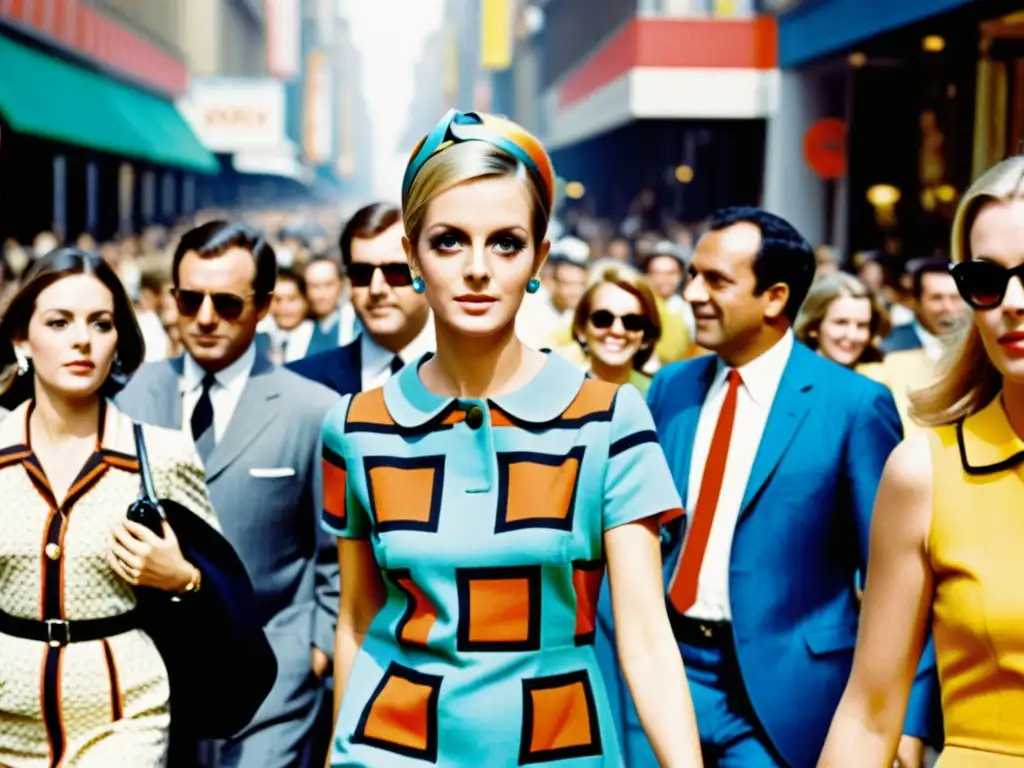 Twiggy camina por una bulliciosa calle de la década de 1960, luciendo un minivestido de estilo mod con patrones geométricos atrevidos