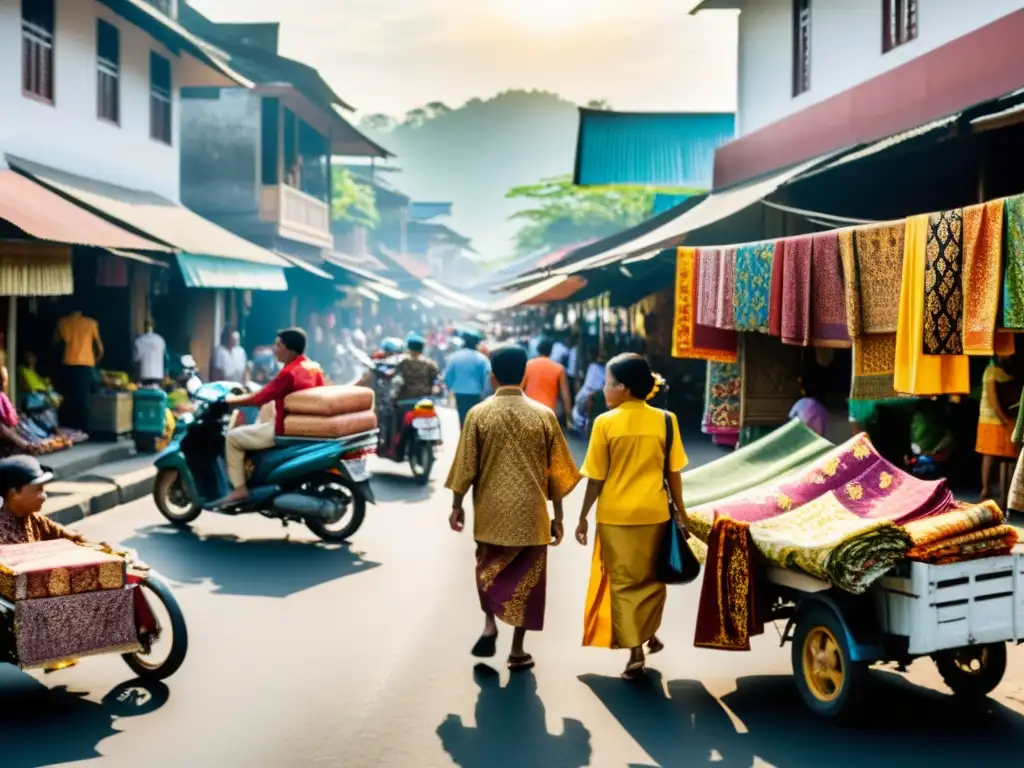 Una bulliciosa calle en Indonesia llena de gente vistiendo coloridos y elaborados batiks