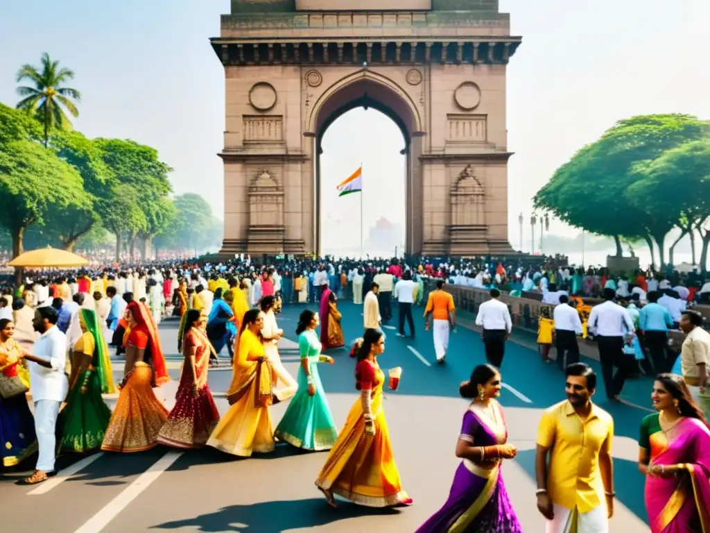 Una bulliciosa calle de Mumbai llena de colores y patrones de moda india influenciada por Bollywood, con el icónico Gateway of India al fondo